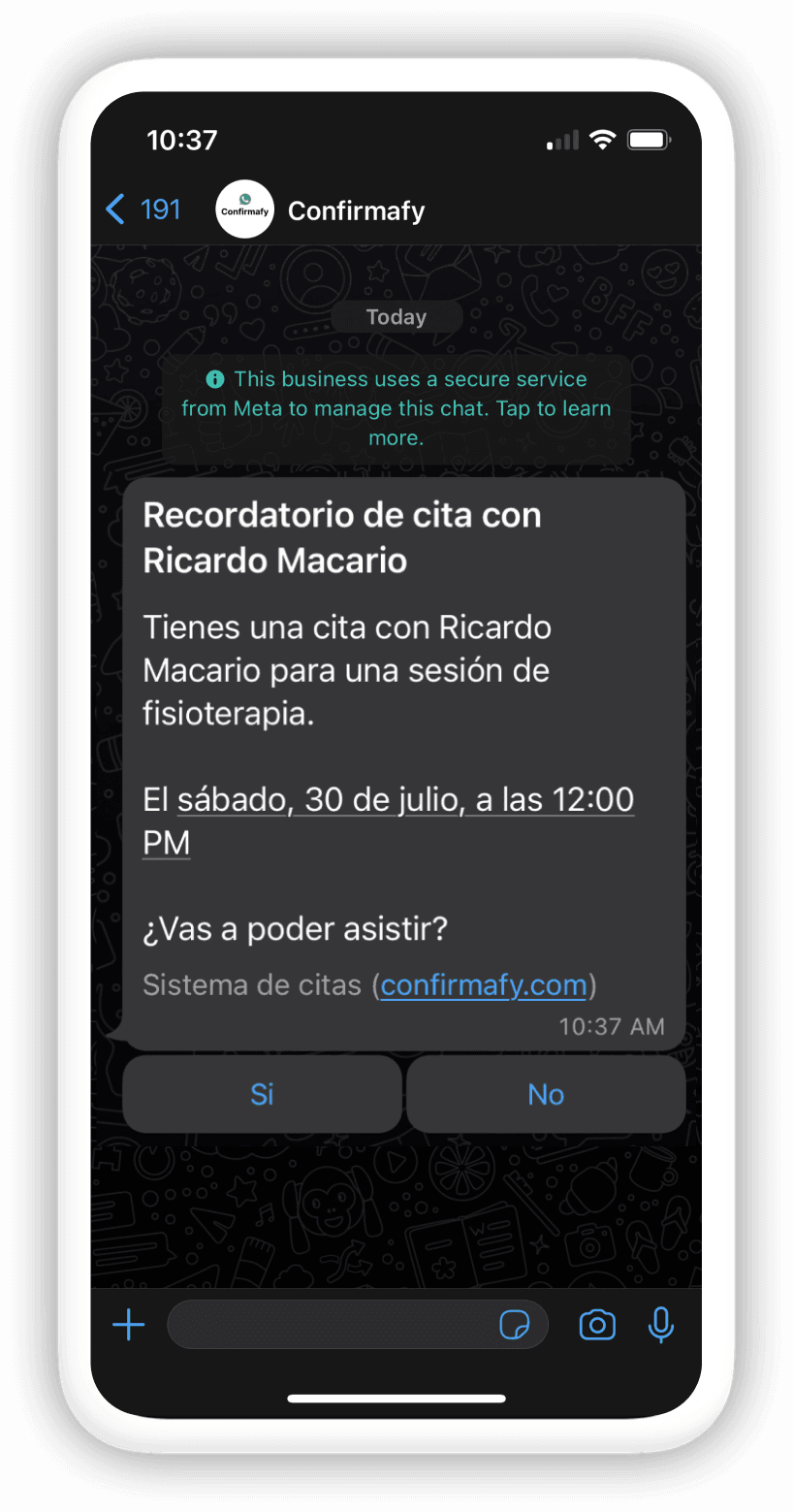 Ejemplo de mensaje de recordatorio de cita enviado por WhatsApp con Confirmafy