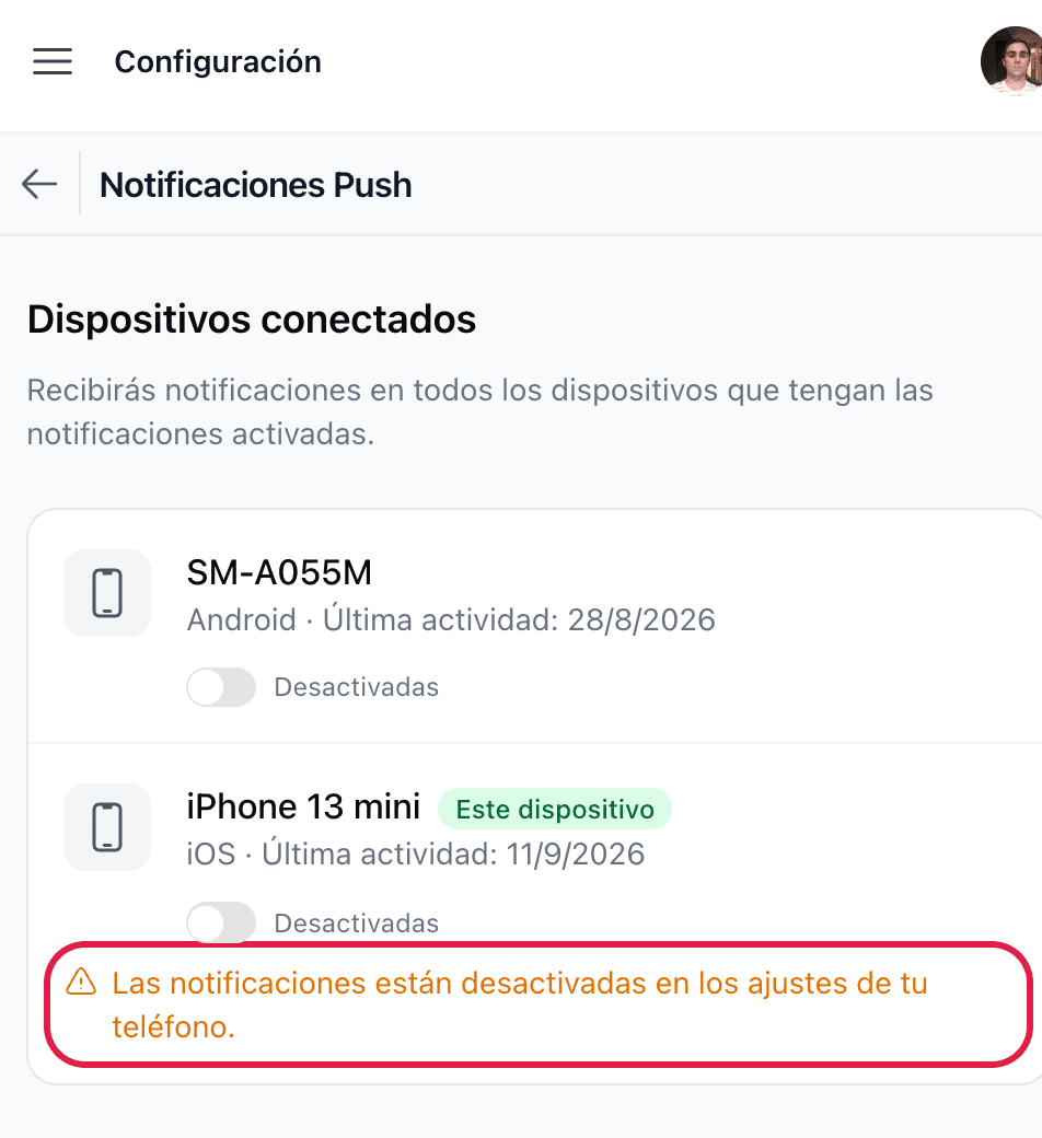 Aviso: las notificaciones están desactivadas en los ajustes de tu teléfono