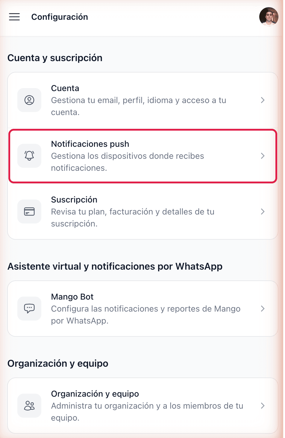 Configuración → Notificaciones push