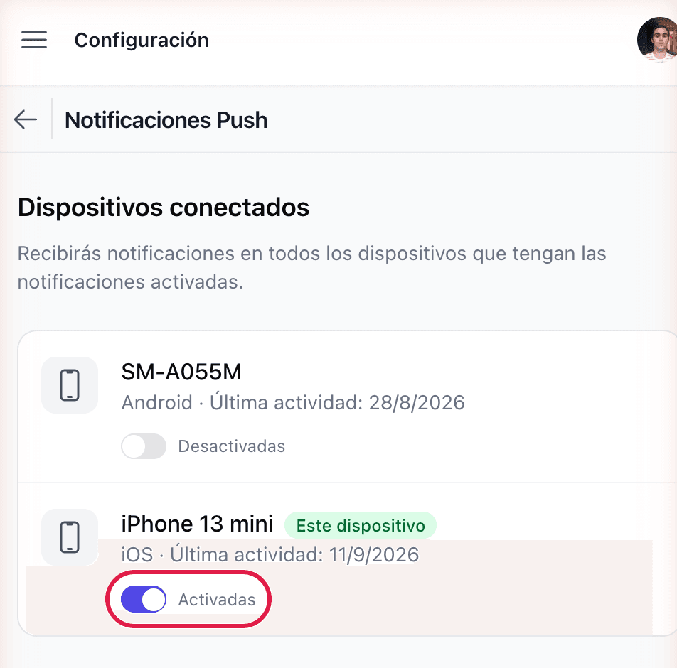 Interruptor de notificaciones del dispositivo actual